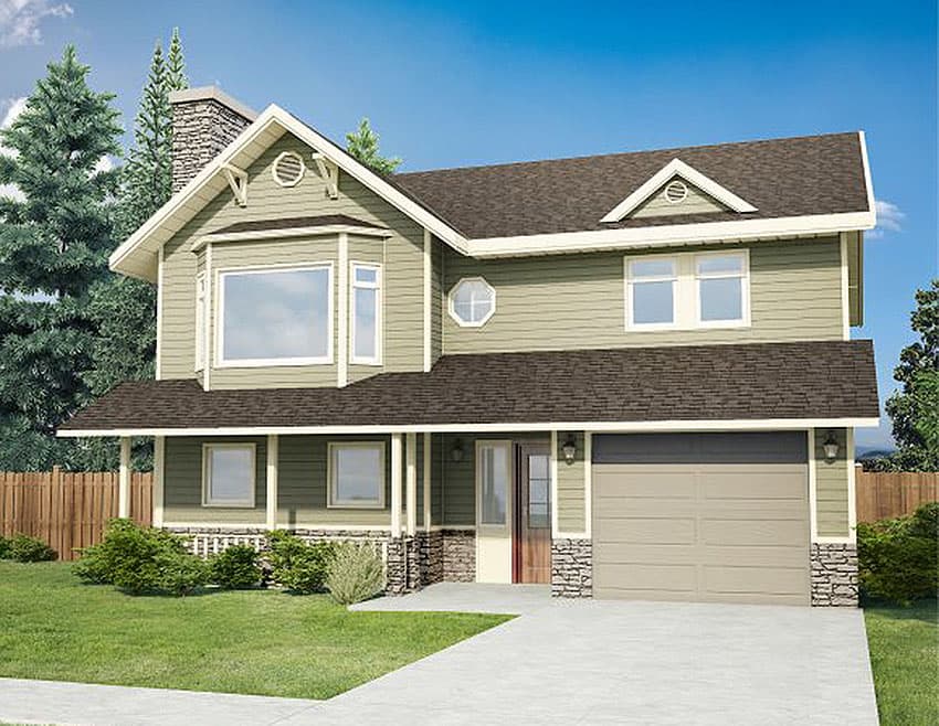 House plan exterior: Two-story home with a covered front porch, stone accents, large bay window, and attached garage.