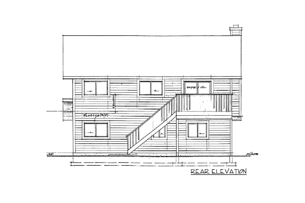 Rear elevation drawing of a house plan with horizontal siding, a second-story deck with railing, and an exterior staircase.