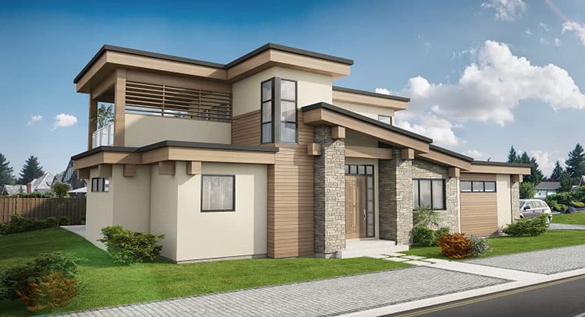 House plan exterior with a modern style, two stories, stone accents, horizontal siding, and a covered balcony.