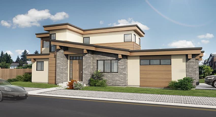 Modern house plan exterior with stacked stone, wood siding, flat rooflines, and multiple levels.