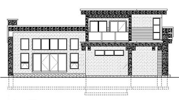 Modern house plan exterior drawing with stacked stone accents, large windows, glass doors, and upper-level balcony.