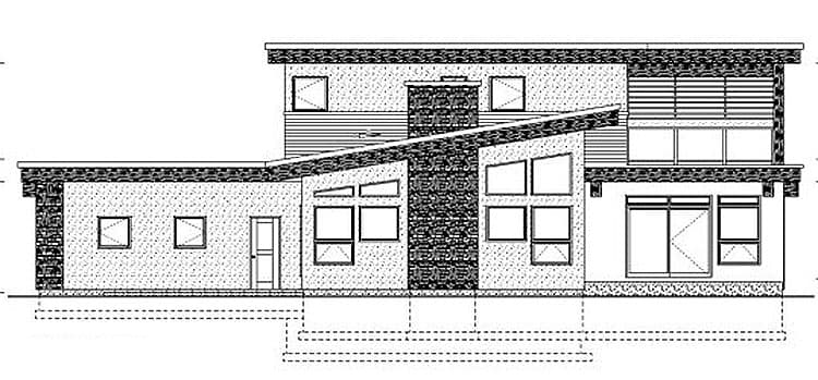 Modern house plan exterior: two stories, flat roof, asymmetrical design, large windows, and stone chimney.