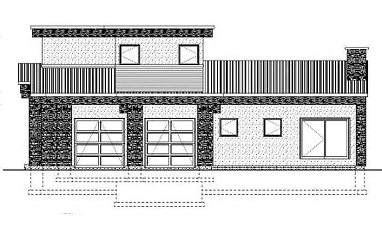 House plan exterior drawing: modern style with two garage doors, windows, and a second-story balcony.