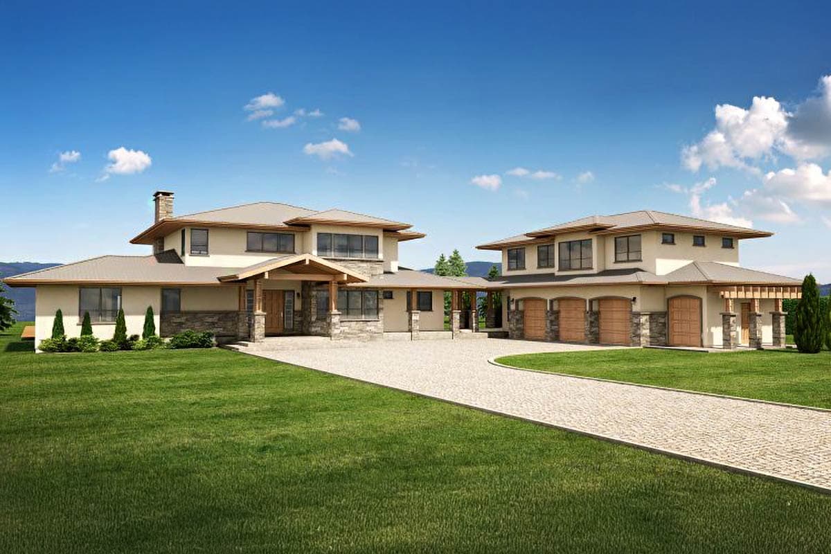Two-story Modern house plan exterior with stone accents, multiple gables, a covered entryway, and a four-car garage.