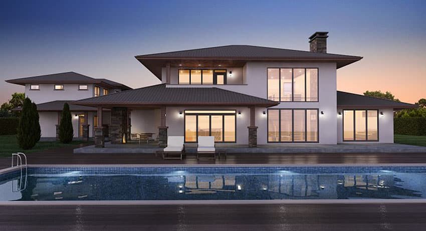 Modern two-story house plan exterior with flat roof, large windows, covered patio, stone accents, and attached garage.