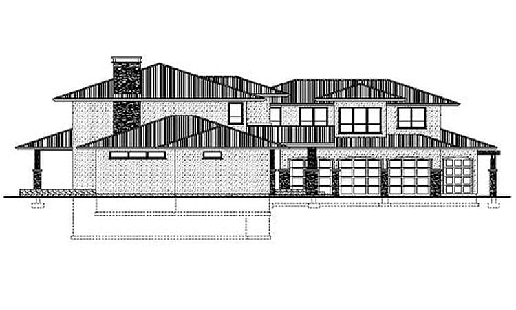 Architectural drawing of a two-story house plan with a stone chimney, covered porch, multiple gables, and a three-car garage.
