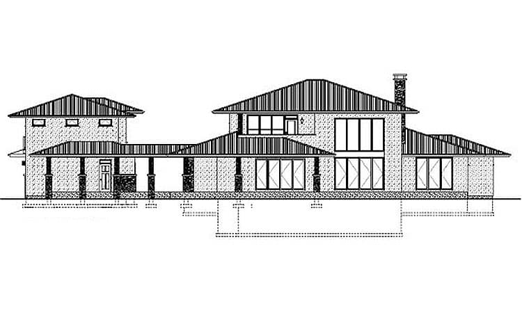 House plan exterior drawing of a two-story residence with a covered porch, large windows, and a prominent chimney.