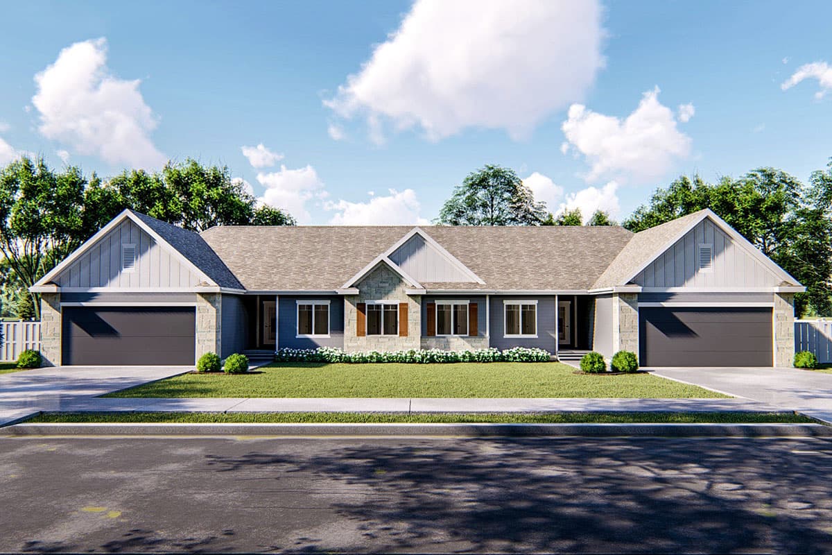 House plan exterior. Ranch style with a low-pitched roof, two-car garage, and gable roof over the entry and garage doors. Includes stone accents.