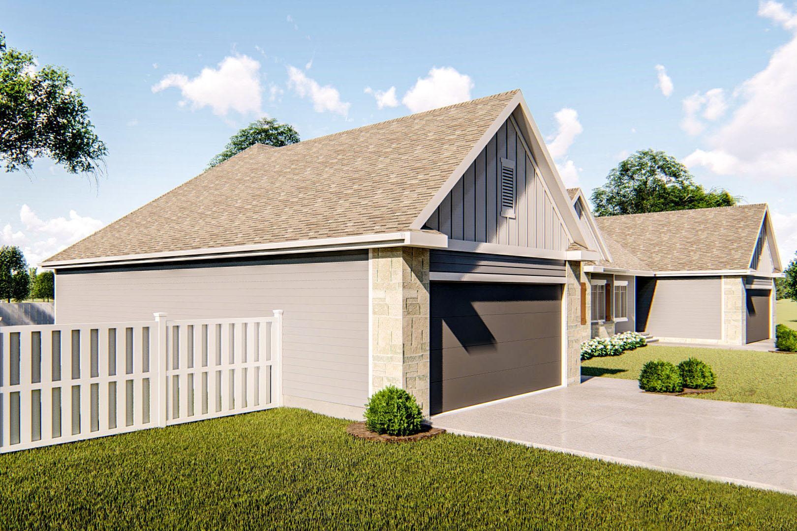 House plan exterior: Modern Ranch, one story, with stone accents, vertical siding gables, and attached two-car garage.