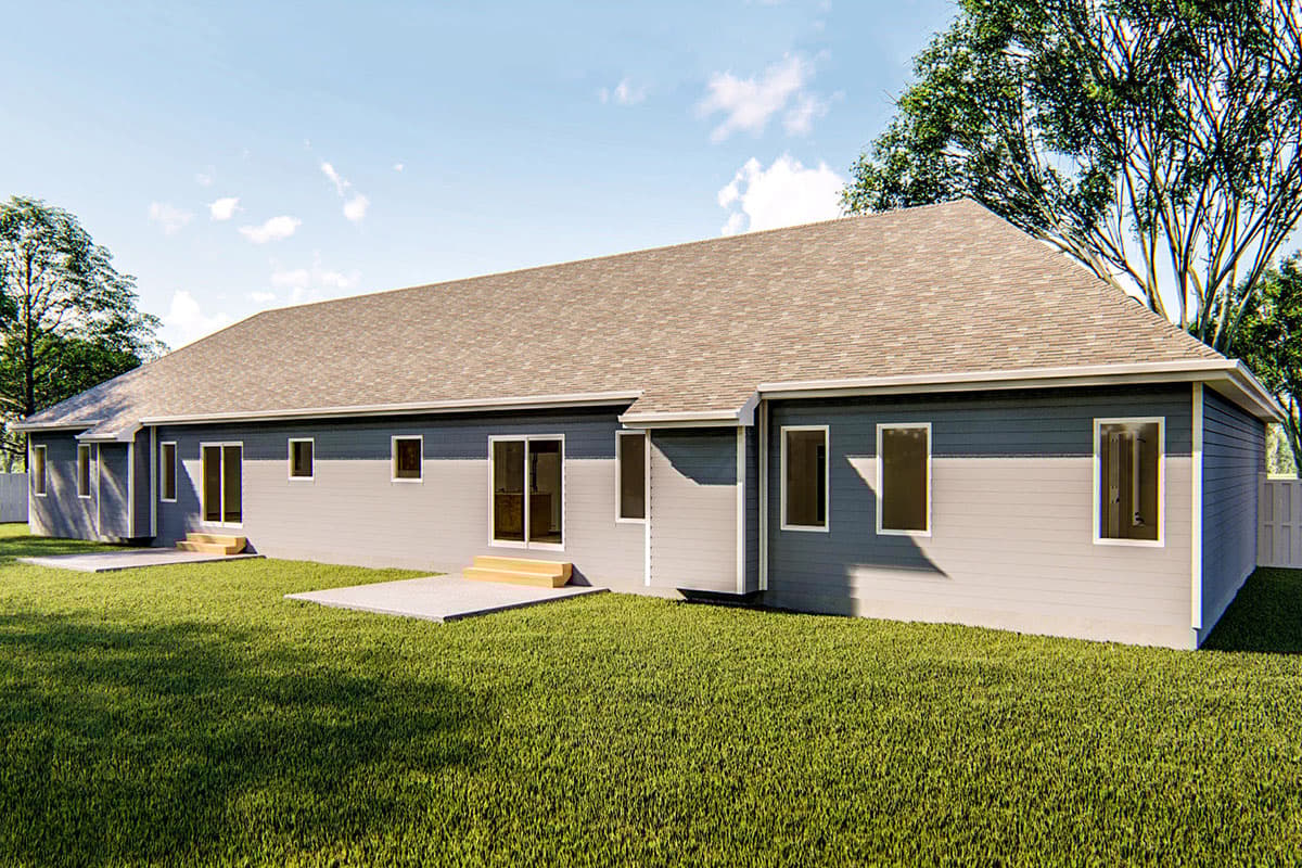Ranch house plan exterior with low-slope hip roof, horizontal siding, multiple sliding glass doors, and a concrete patio.