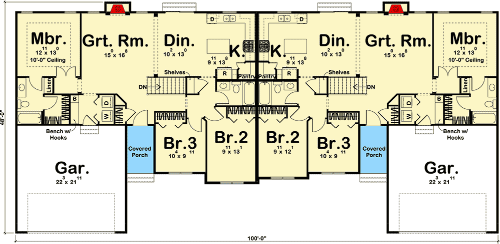 Plan 62652DJ: Attractive Ranch Duplex - Floor Plan - Main Level - Ranch