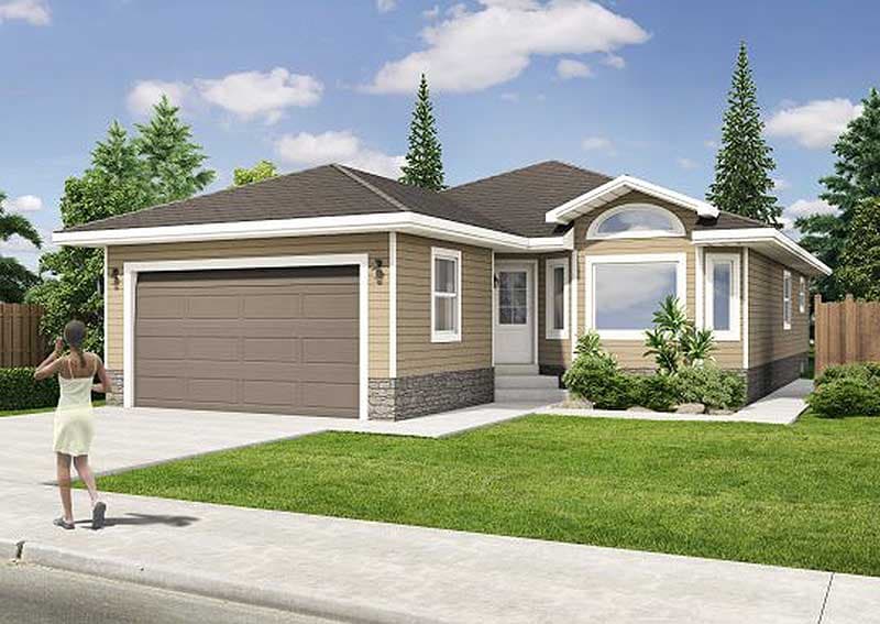 House plan exterior: Single-story Modern Farmhouse with attached garage, gable front, arched window, and stone base.