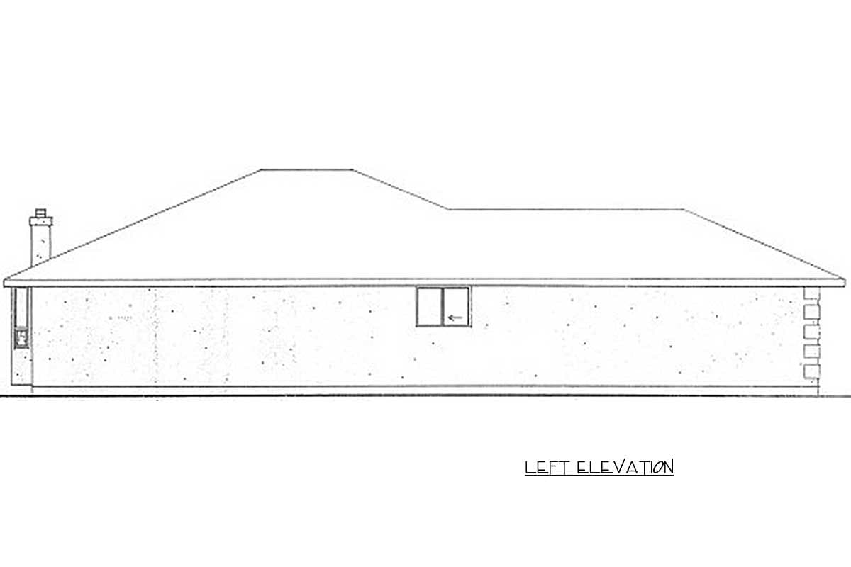 Left elevation drawing of a single-story house plan with a sloped roofline, a chimney, and one window.
