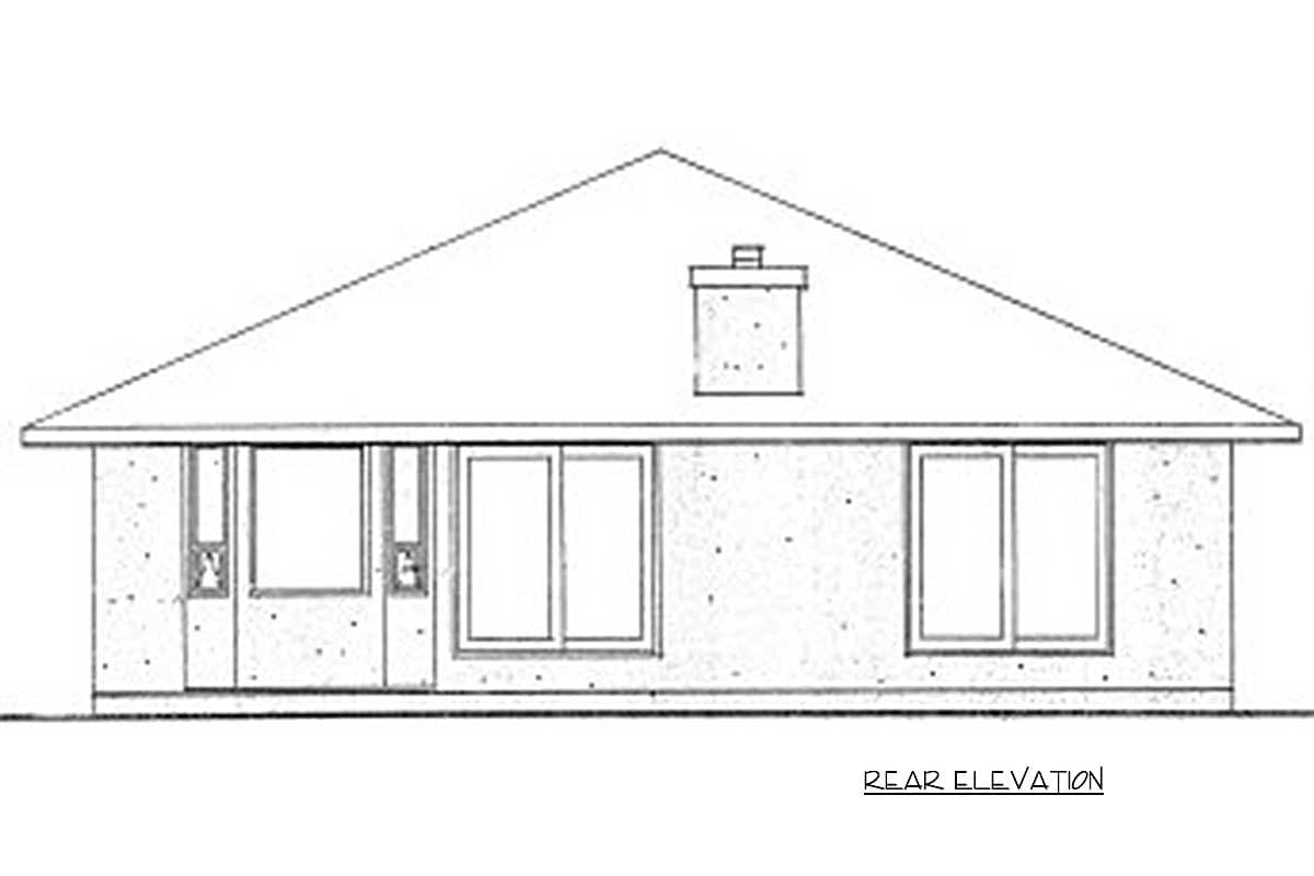 Rear elevation drawing of a single-story house with a prominent gable roof, center chimney, and three window groupings.