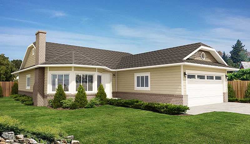 House plan exterior: Ranch style, one story, with brick accents, prominent gable, and attached two-car garage.