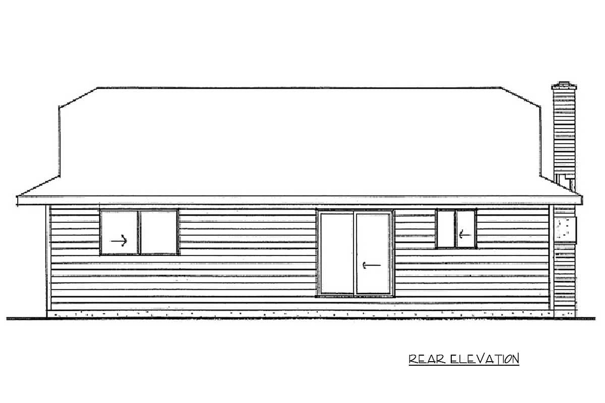 Rear elevation of a house plan showing a sliding glass door, two windows, and a brick chimney.