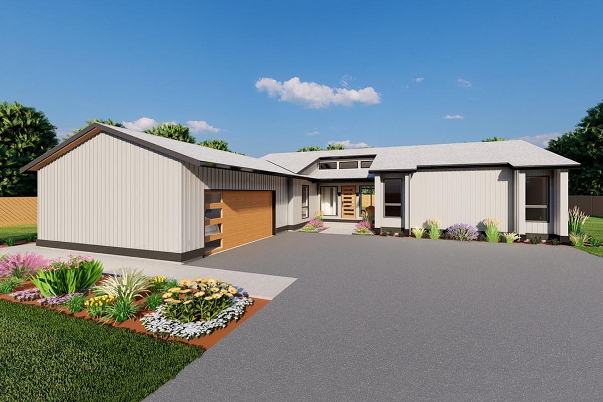 Modern house plan exterior with a gable roof, horizontal siding, a two-car garage, and a prominent entry.