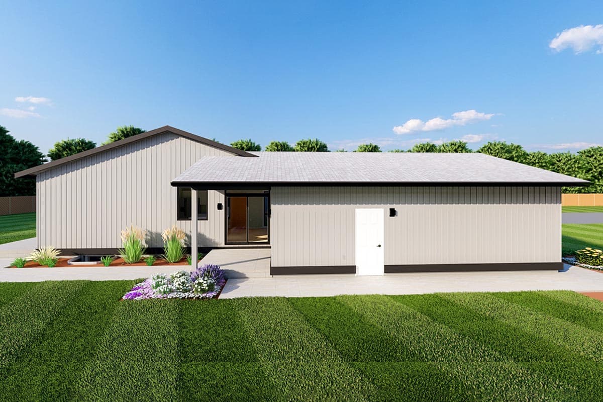 House plan exterior: Single-story modern design with vertical siding, gable roof, porch, and attached garage.