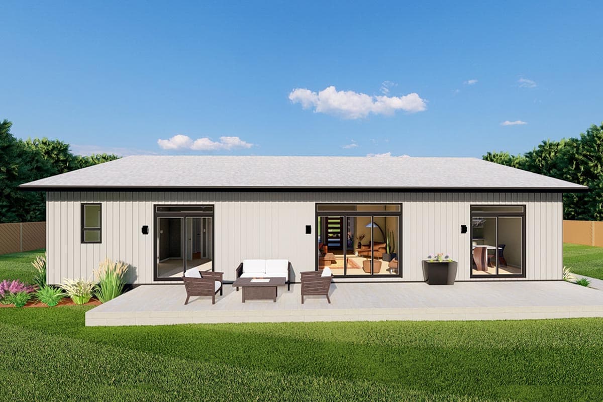 House plan exterior: single-story home with vertical siding, large sliding glass doors, and a patio.