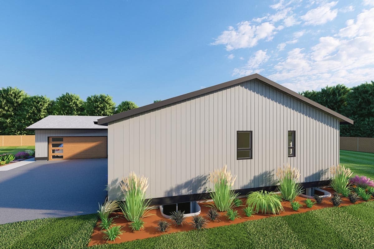 Modern ranch house plan exterior, single story, with vertical siding, attached garage, and simple roofline.