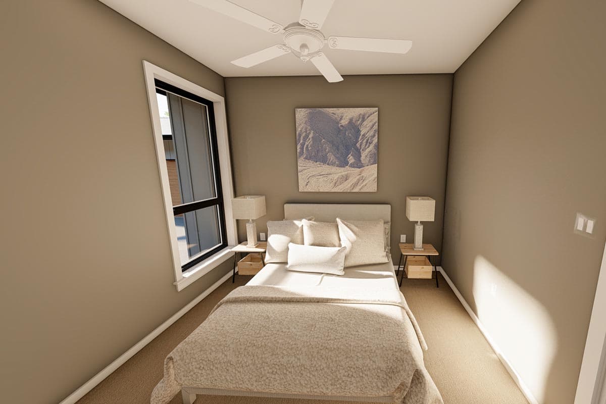 Bedroom rendering with a bed, two nightstands with lamps, a ceiling fan, and a large window.