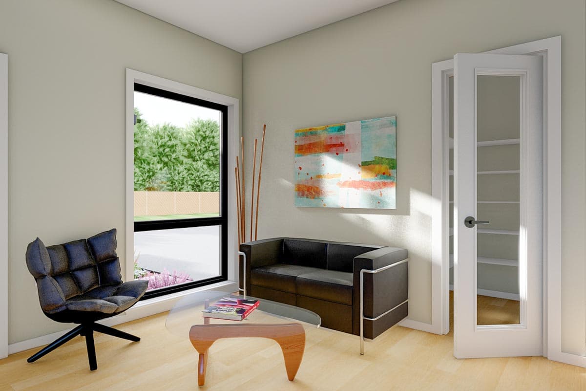 Interior rendering of a living area with a sofa, accent chair, coffee table, large window, and glass-paneled doors.