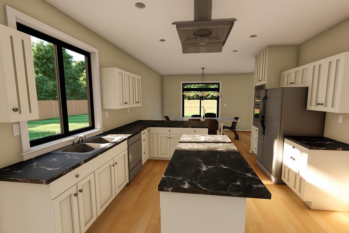 Contemporary kitchen with white cabinets, dark marble countertops, island, sink, dishwasher, refrigerator, and dining area.
