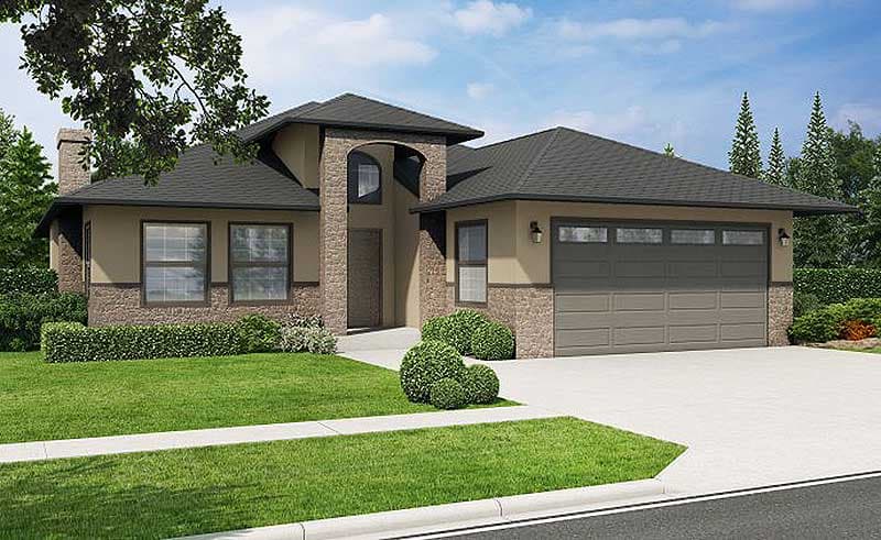 House plan exterior: One-story home with stone accents, arched entryway, and attached two-car garage.