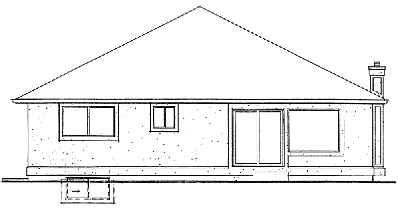 House plan exterior drawing with a prominent gable roof, chimney, sliding glass doors, and basement access.