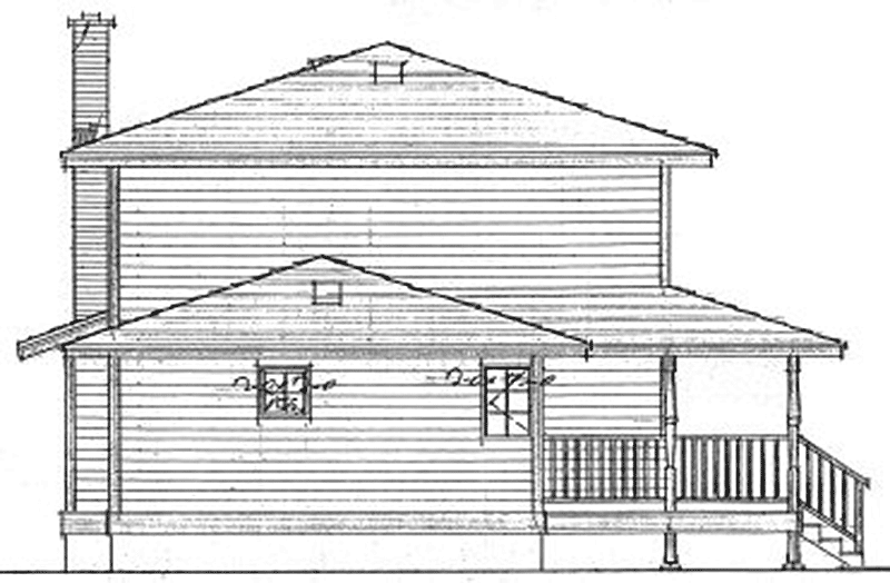 House plan exterior drawing showing a two-story house with a gabled roof, chimney, and covered front porch with railings.