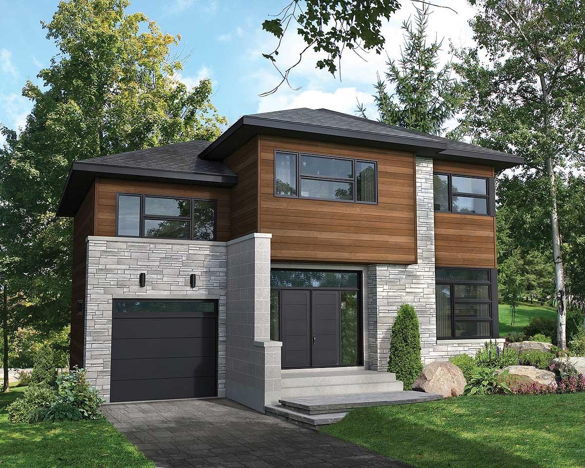 House plan exterior: Two-story modern design with stone and wood siding, hip roof, and attached garage.
