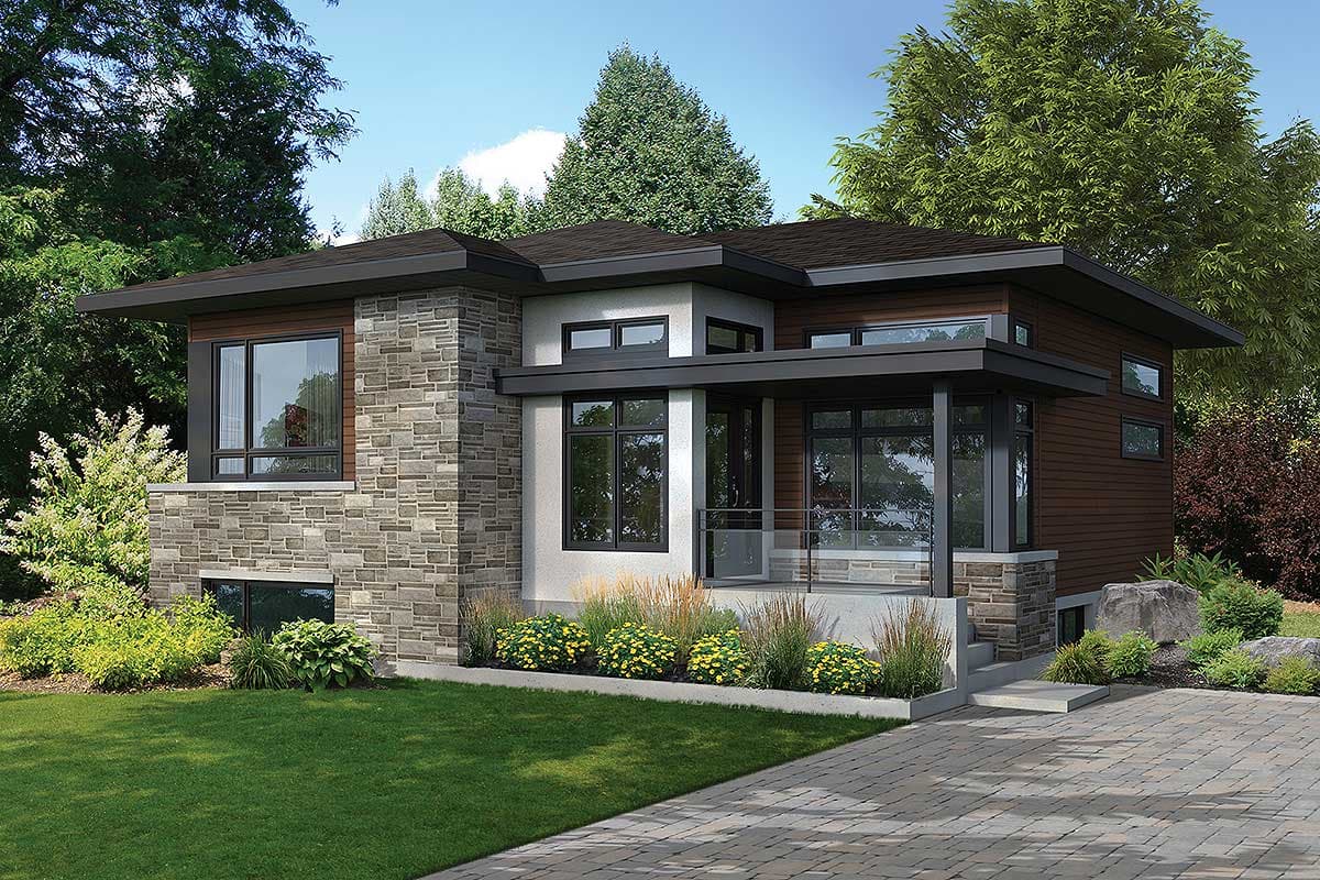 Modern house plan exterior with stone and wood siding, low-pitch roof, and large windows.