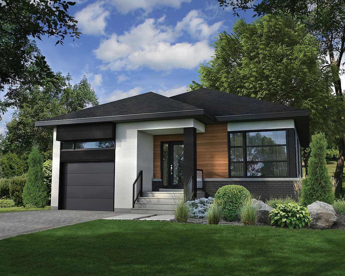 House plan exterior of a single-story modern home with a detached garage, wood siding, and a flat roofline.