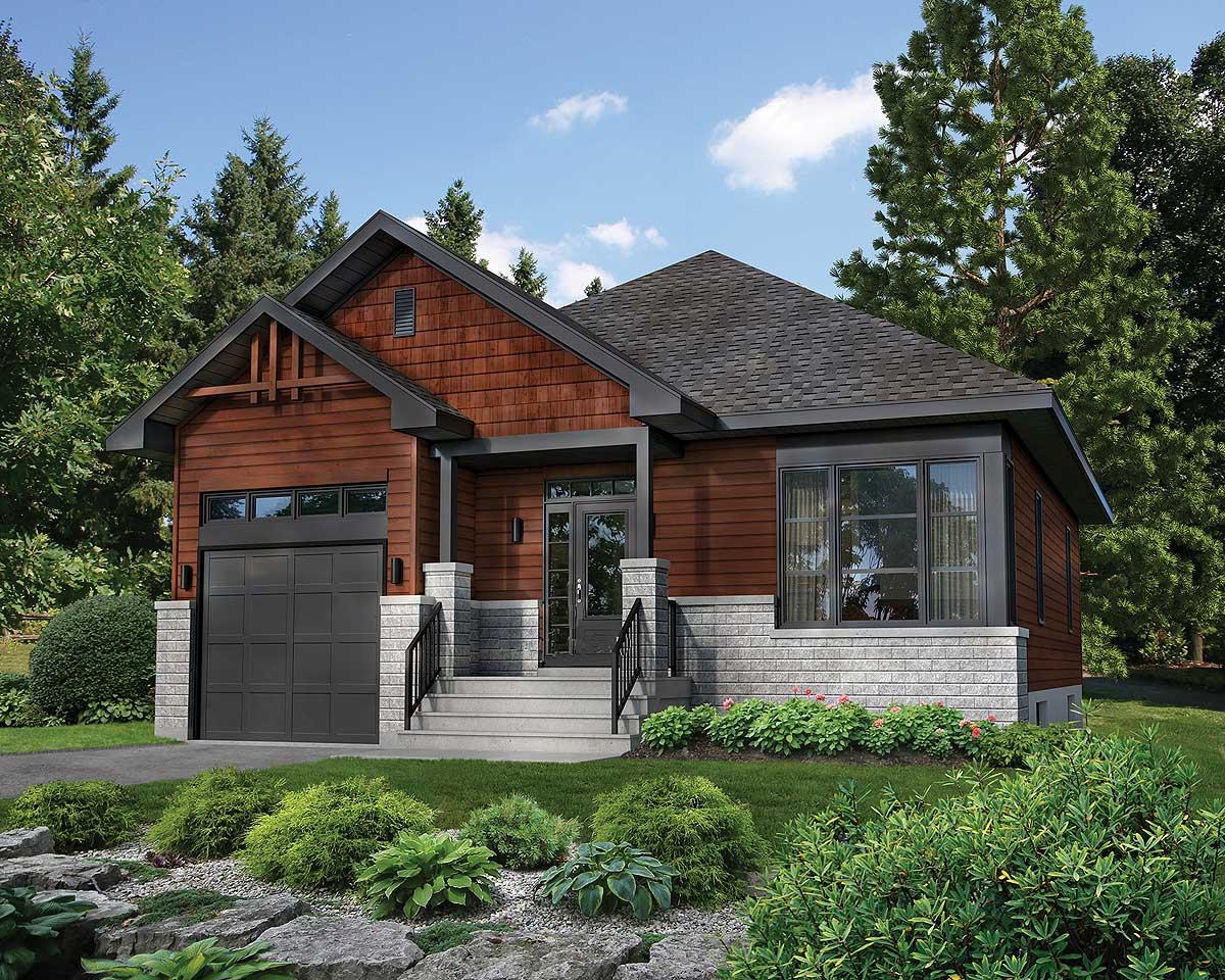 House plan exterior shows a one-story modern home with wood siding, stone base, prominent gable, and attached garage.