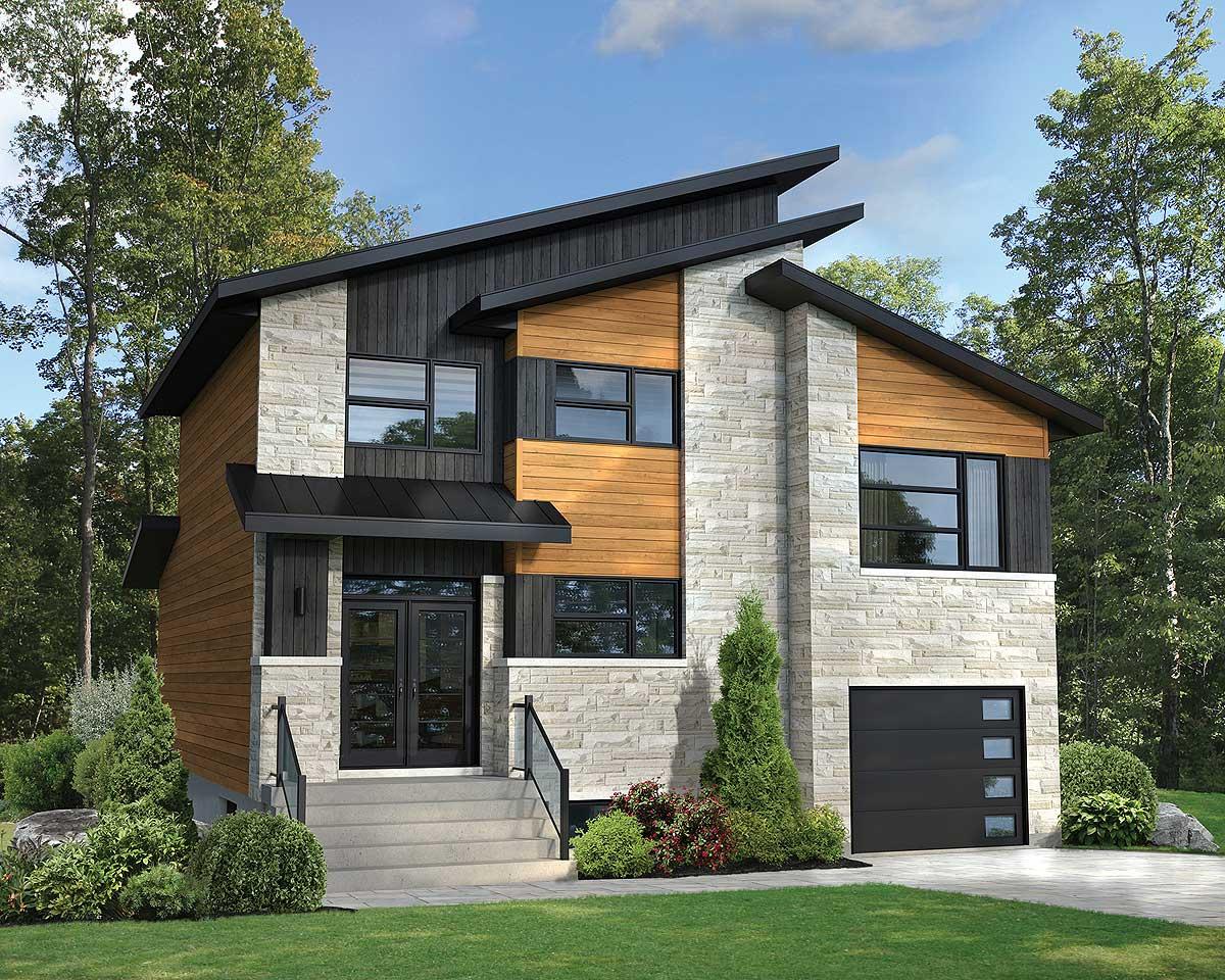 House plan exterior of a two-story modern home with stone and wood siding, asymmetric rooflines, and a single-car garage.