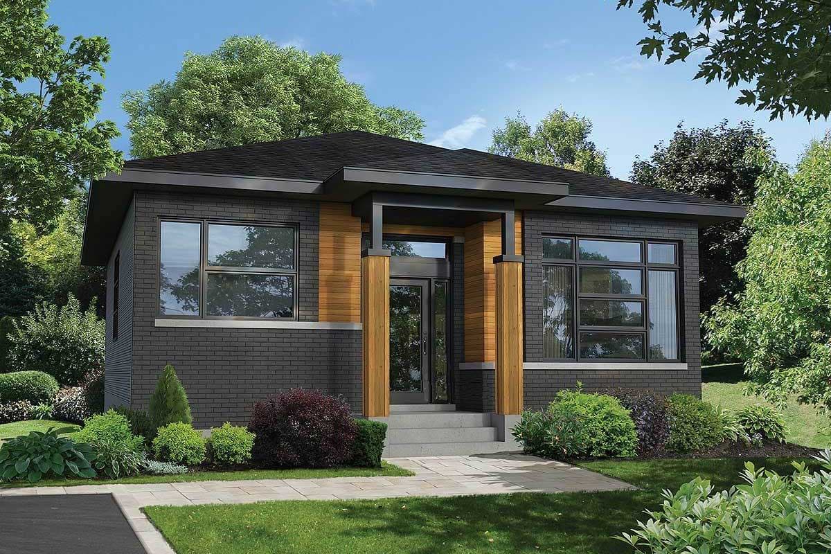 House plan exterior featuring a single-story modern design with dark brick siding, wood accents, a covered entryway, and large windows.