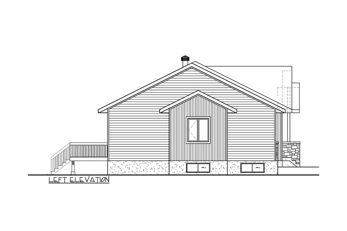 Left elevation drawing of a single-story house plan with horizontal siding, a prominent gable, a deck, and a stone-clad foundation.