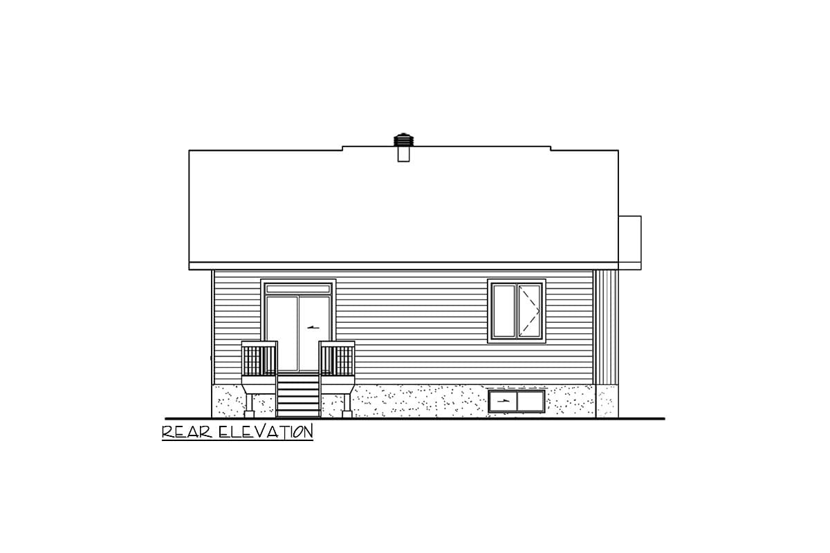 Rear elevation of a house plan featuring horizontal siding, a central sliding door with railings, a single window, and a basement window.