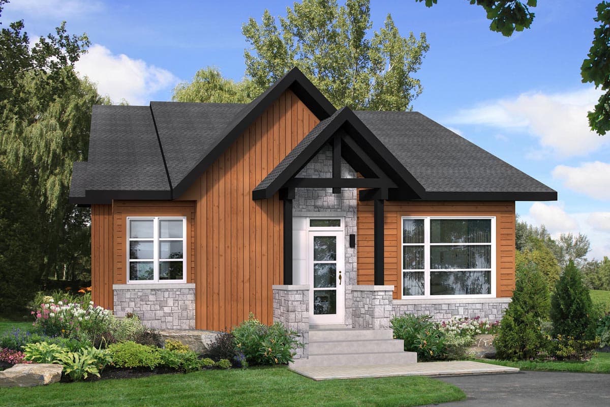 House plan exterior: Single-story Modern Farmhouse with wood siding, stone base, prominent gable, and covered entry.
