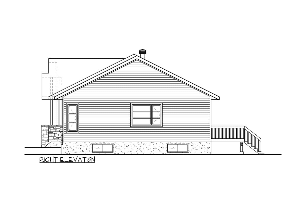 Right elevation of a house plan showing a pitched roof, horizontal siding, gabled dormer, front porch, and rear deck.