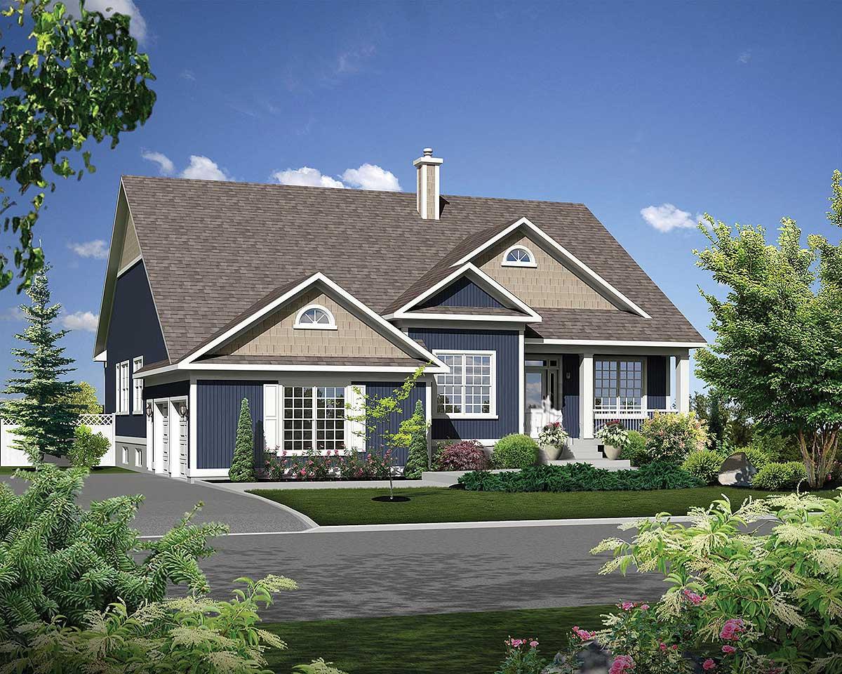 House plan exterior: Two-story, blue siding, prominent gables, covered front porch, and attached two-car garage.