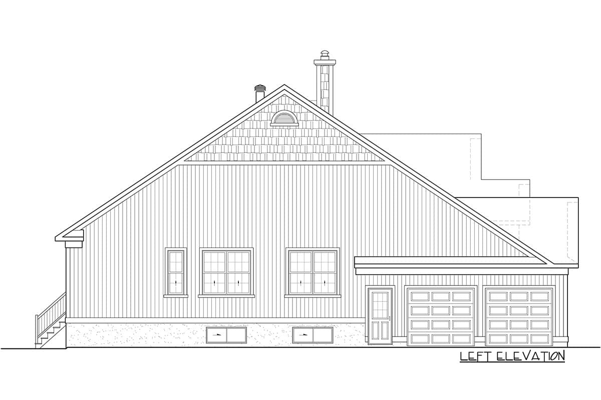 Left elevation drawing of a house plan showing a steeply pitched gable roof, dormer, chimney, double garage, and windows.