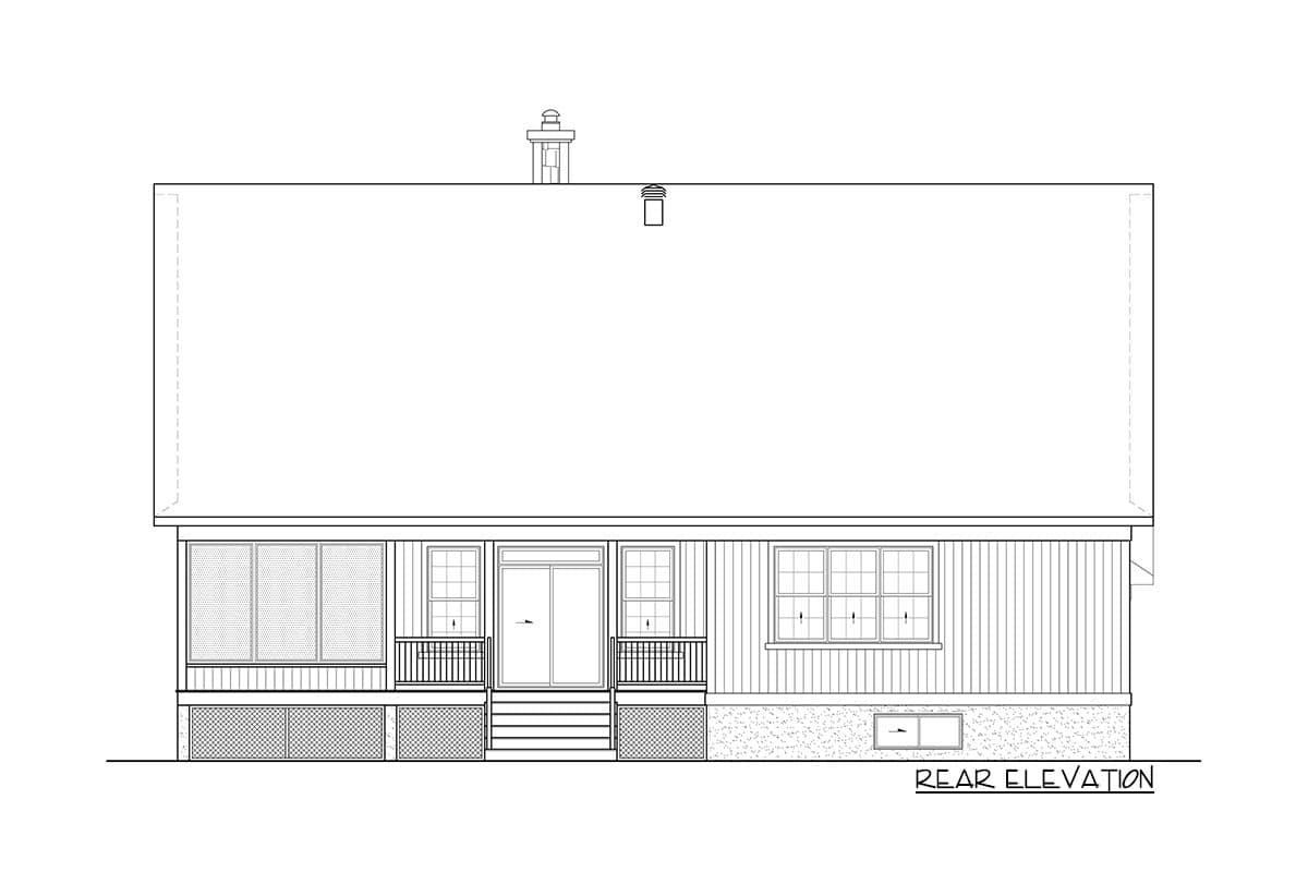 Rear elevation house plan shows a screened porch, central entry, and multiple windows with a sloped roof and chimney.