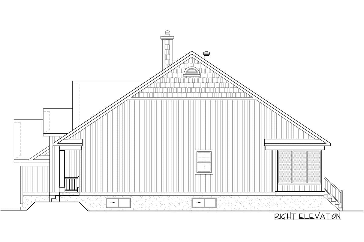 Right elevation house plan showing a steeply pitched roof with dormer, a screened porch, and a chimney.
