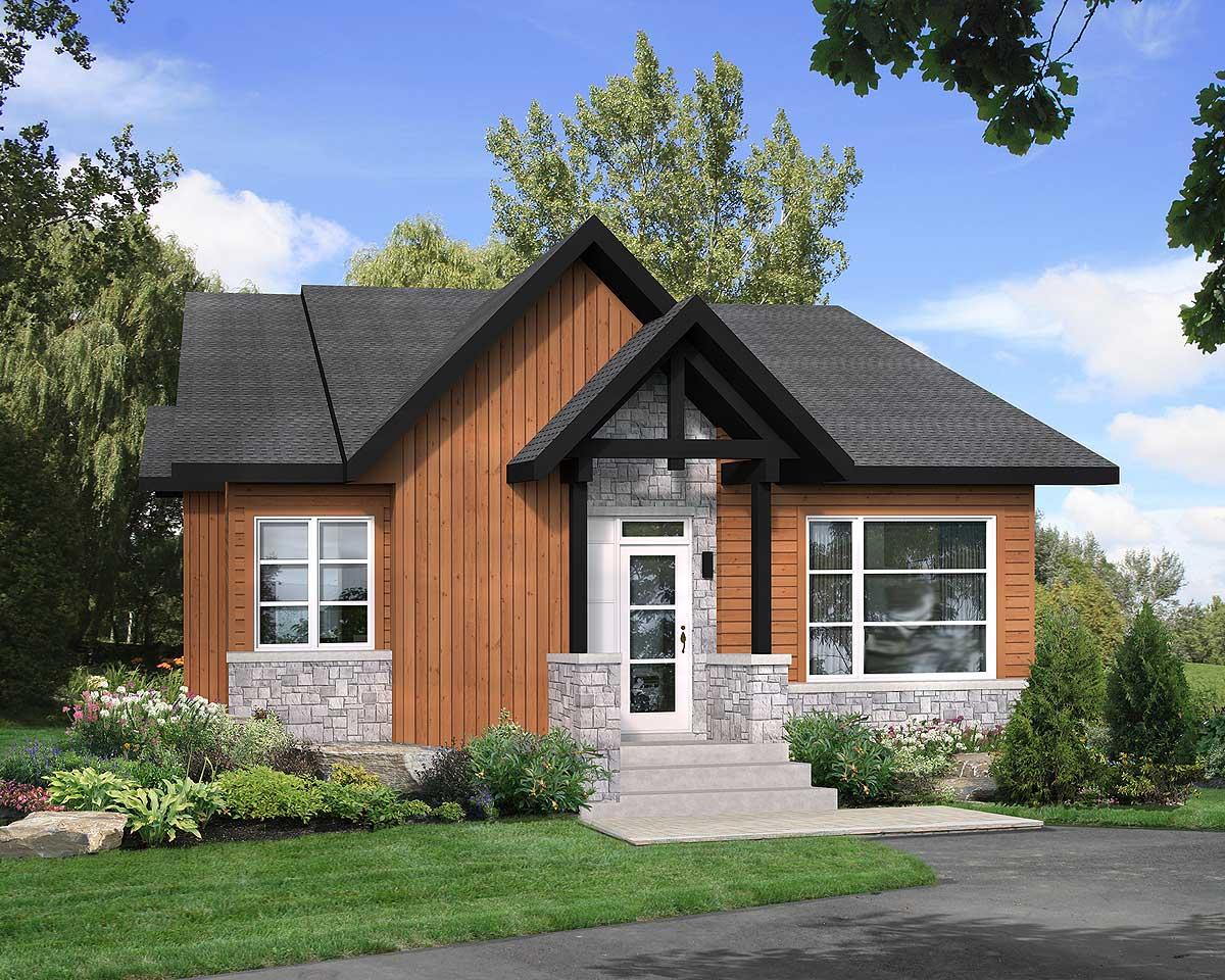 House plan exterior featuring a Modern Farmhouse style, one story, wood siding, stone accents, and a covered entryway with exposed beams.