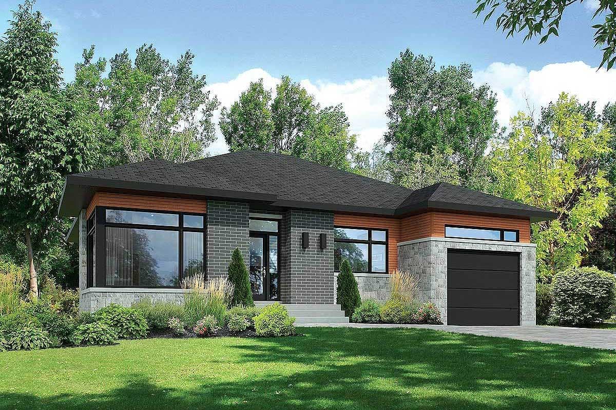 House plan exterior of a single-story Modern style home with brick and stone facade, large windows, and an attached one-car garage.
