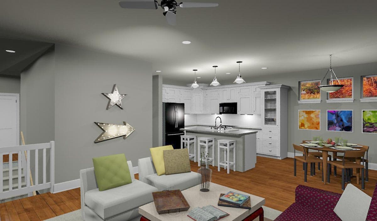 Interior rendering of an open concept living area with a kitchen island, dining table, and living room seating.
