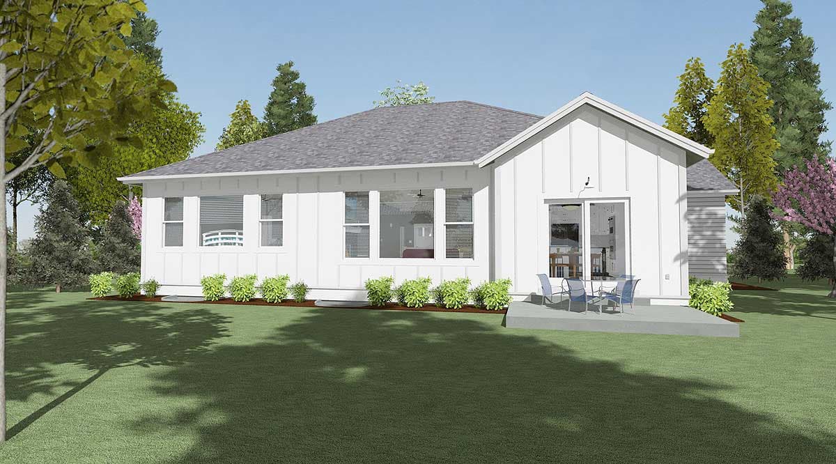 House plan exterior: Modern Farmhouse style, one story, board-and-batten siding, gable, large windows, and sliding glass door.