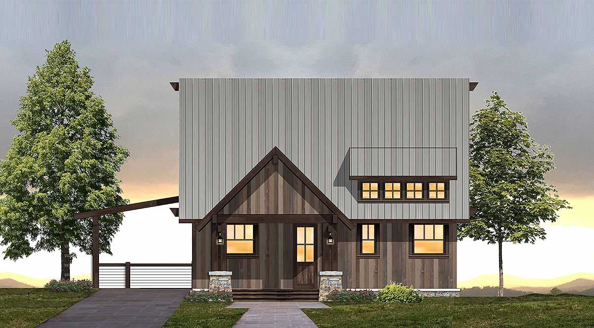 Modern Farmhouse style house plan exterior with vertical siding, gabled front porch, and attached carport.