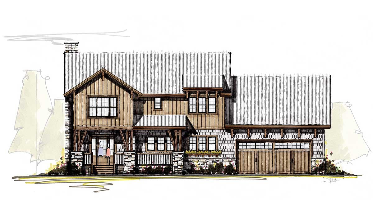House plan exterior: Modern Farmhouse style, two stories, covered front porch with stone pillars, gables, and attached garage.